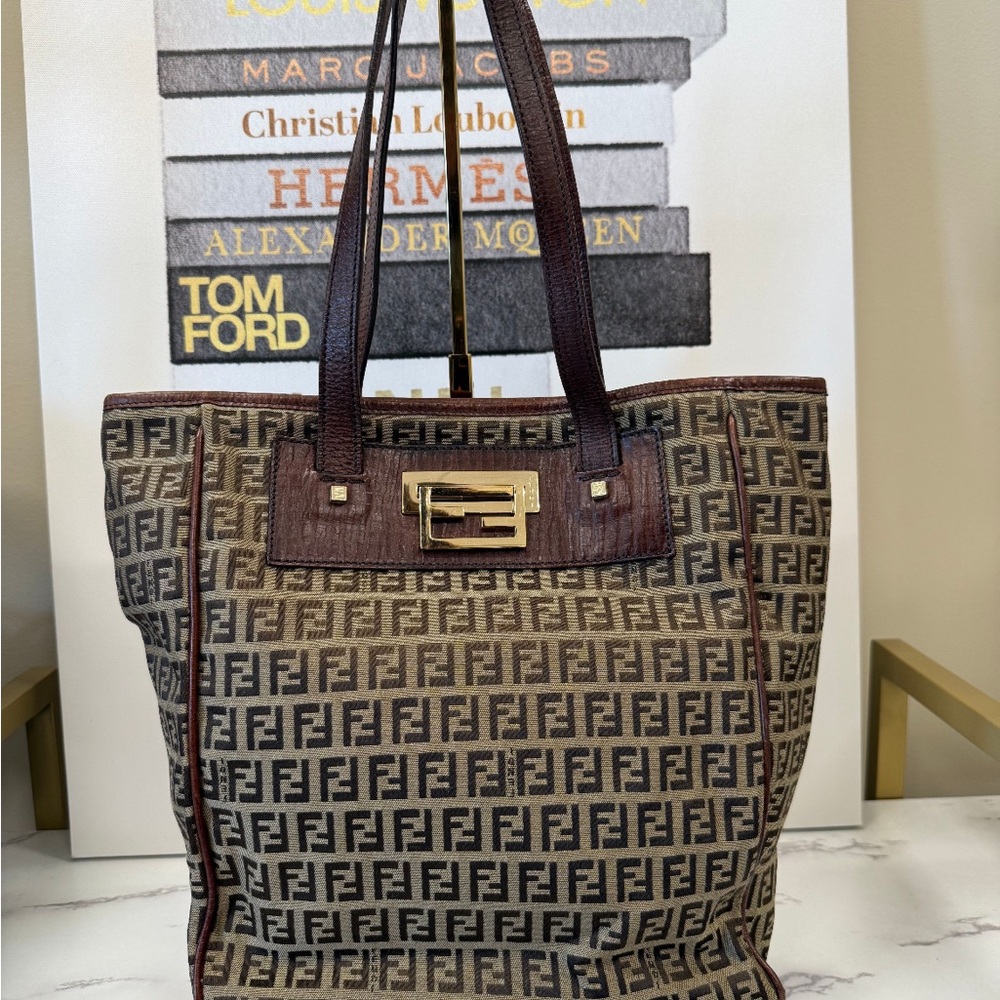 Fendi Brown and Tan Monogram Tote with Leather Handles